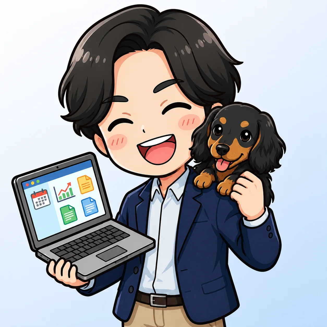 ノートパソコンと犬を抱えたYama Web Designのプロフィールイラスト